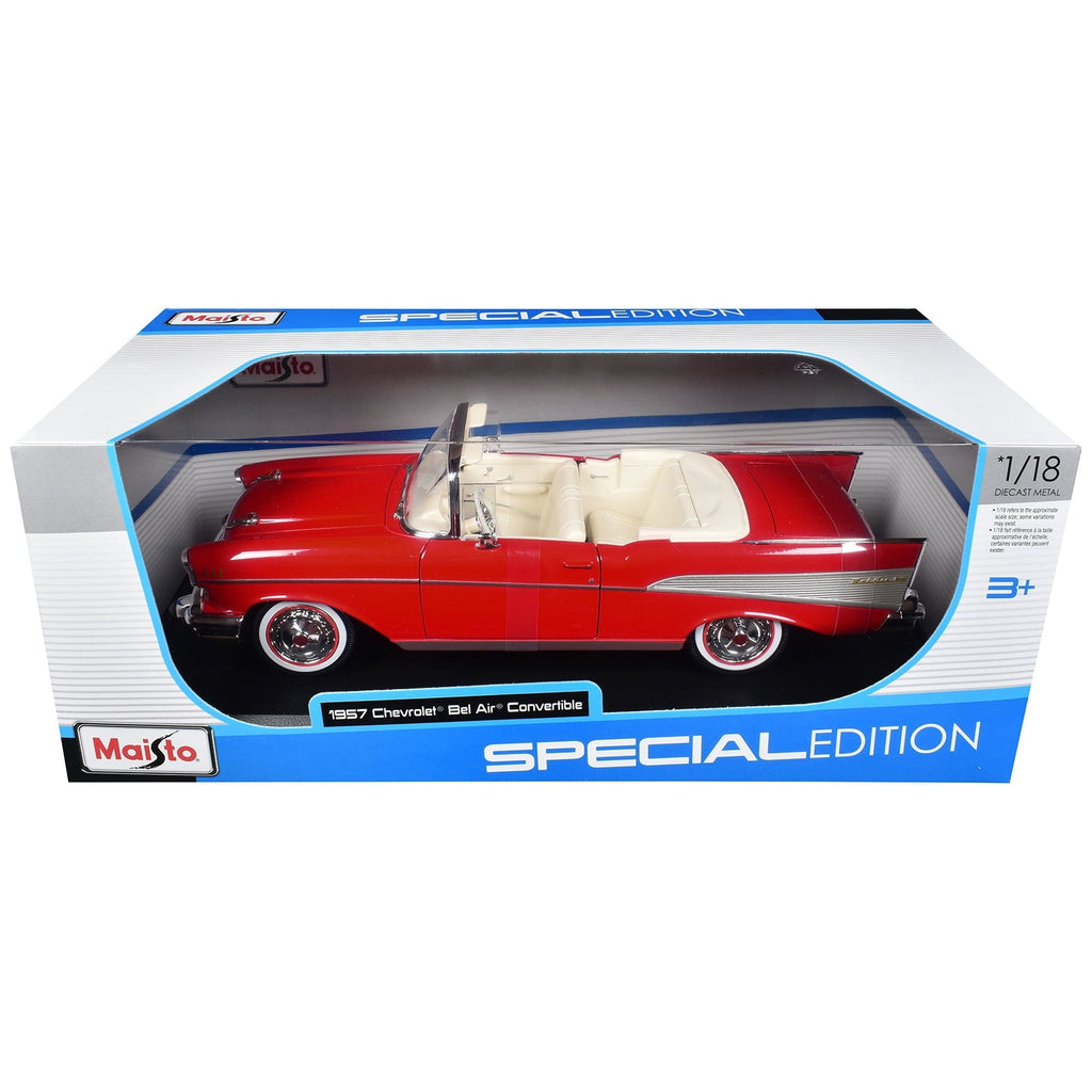 1957 Chevrolet Bel Air Convertible Red with White Interior "Special Edition" Series 1/18 Diecast Model Car by Maisto