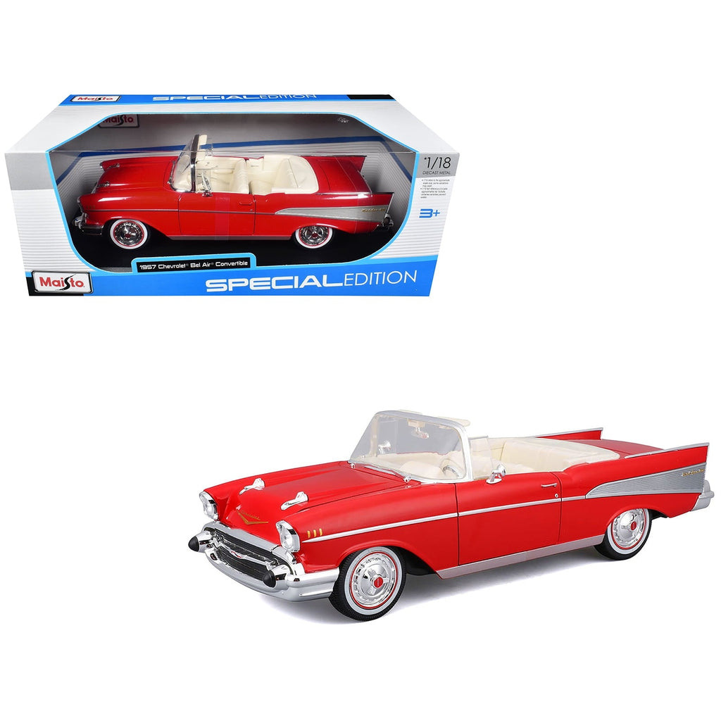 1957 Chevrolet Bel Air Convertible Red with White Interior "Special Edition" Series 1/18 Diecast Model Car by Maisto
