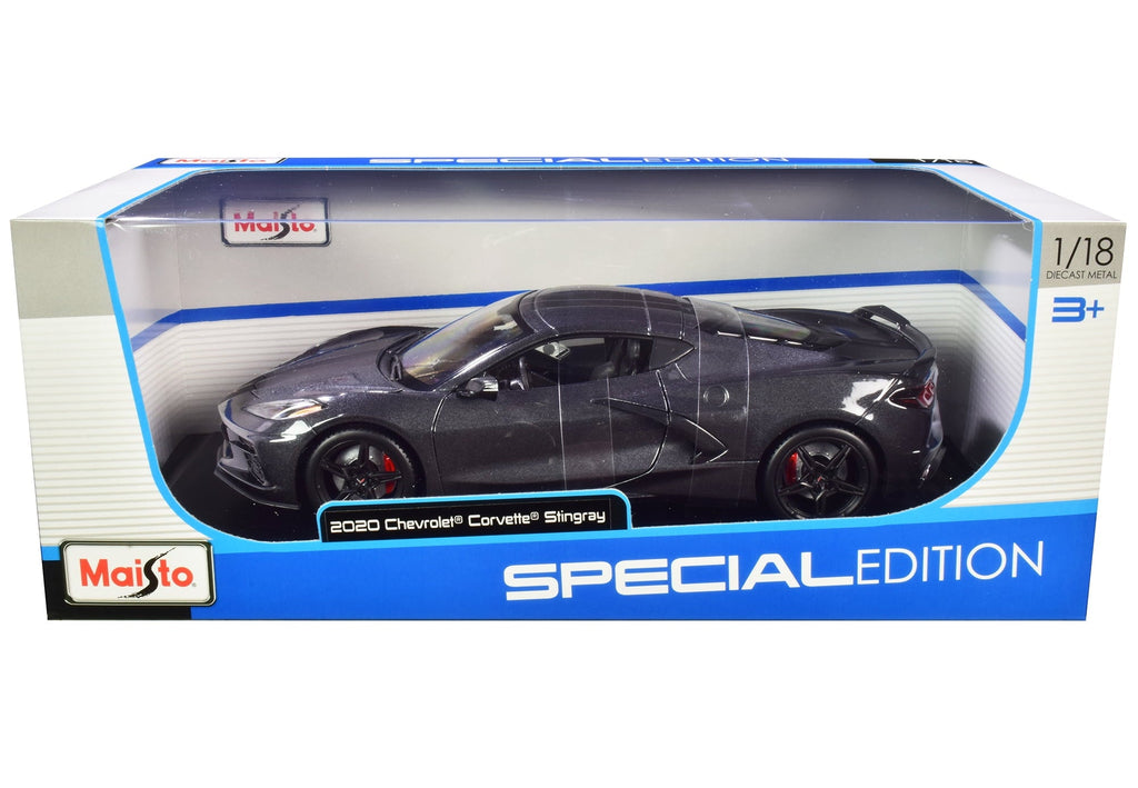 2020 Chevrolet Corvette Stingray C8 Dark Gray Metallic with Racing Stripes 1/18 Diecast Model Car by Maisto
