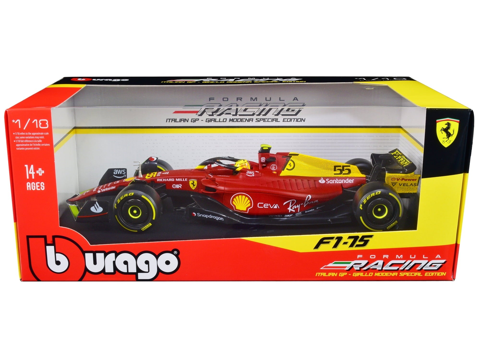 Ferrari F1-75 #55 Carlos Sainz "Giallo Modena" Formula One F1 Italian GP (2022) "Formula Racing" Series 1/18 Diecast Model Car by Bburago