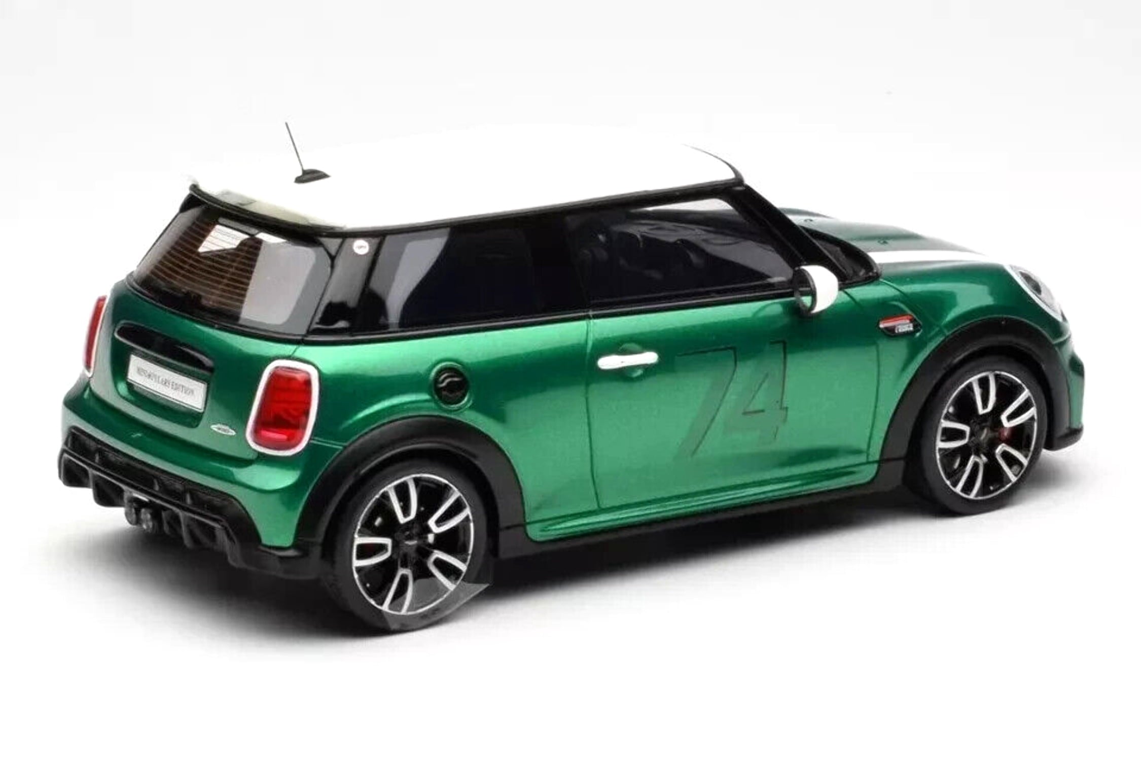 2023 Mini Cooper F56 JCW #74 British Racing Green with White Top and Stripes 1/18 Model Car by Otto Mobile