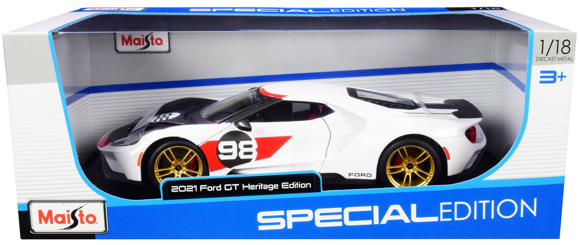 2021 Ford GT #98 White "Heritage Edition" 1/18 Diecast Model Car by Maisto