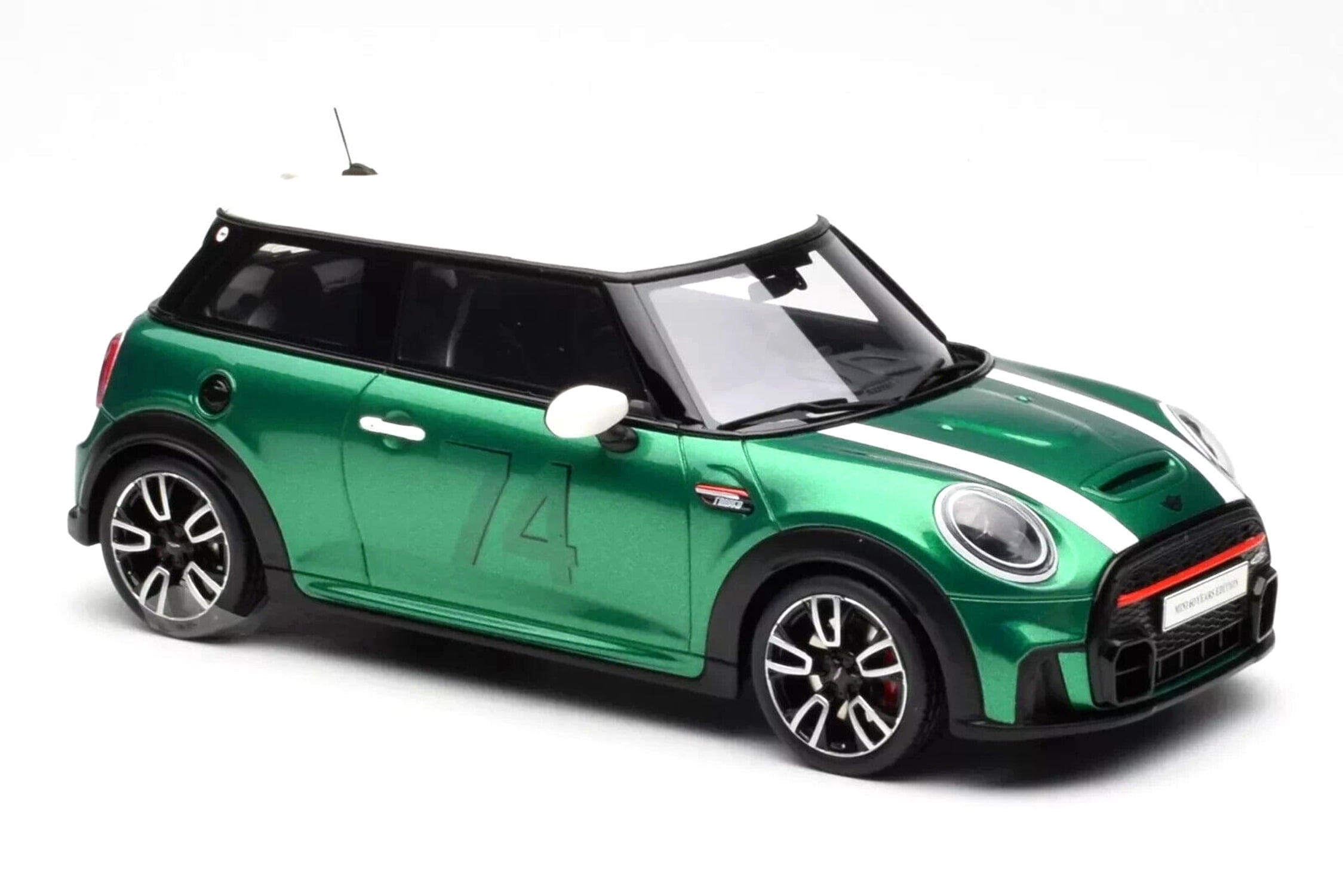 2023 Mini Cooper F56 JCW #74 British Racing Green with White Top and Stripes 1/18 Model Car by Otto Mobile