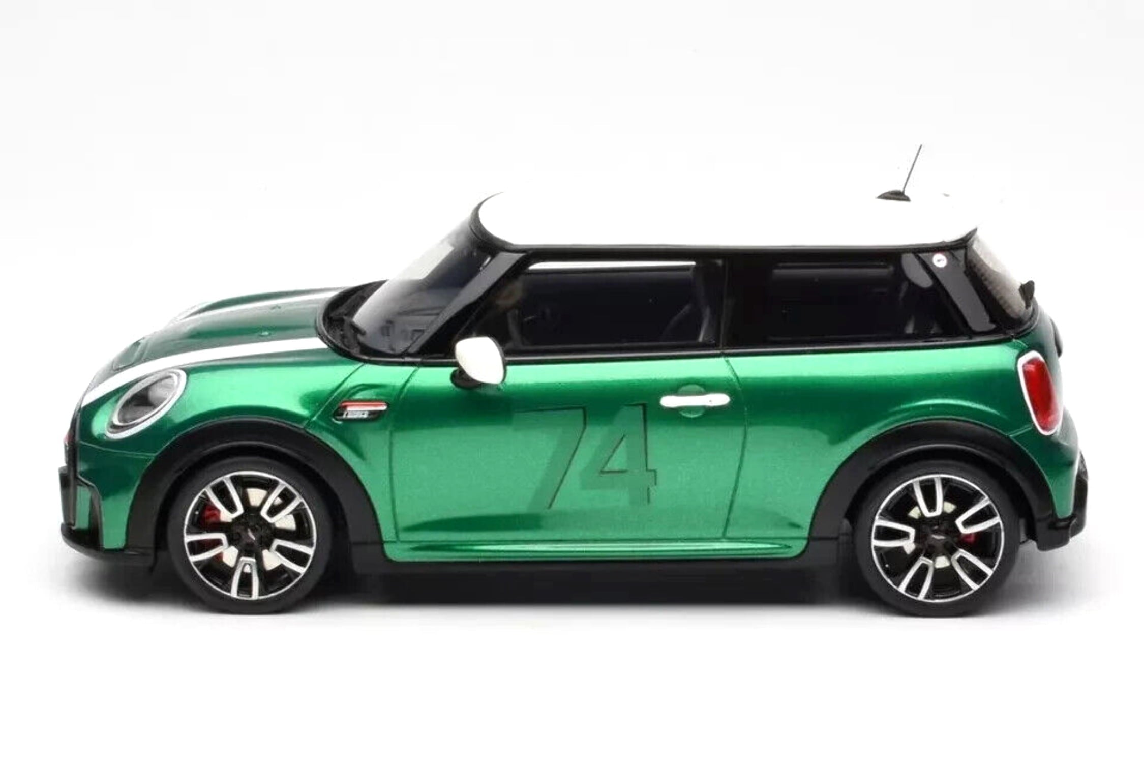 2023 Mini Cooper F56 JCW #74 British Racing Green with White Top and Stripes 1/18 Model Car by Otto Mobile