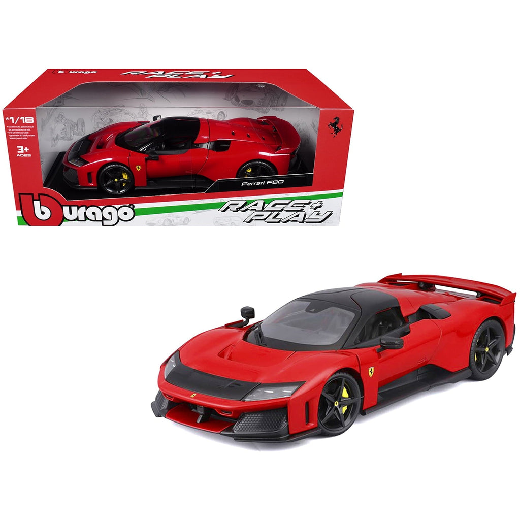 Ferrari F80 Red with Black Top "Race + Play" Series 1/18 Diecast Model Car by Bburago