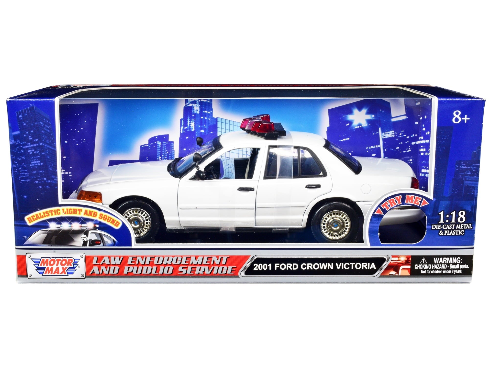 2001 Ford Crown Victoria Police Car Plain Black & White with Flashing Light Bar, Front and Rear Lights and Sound 1/18 Diecast Model Car by Motormax