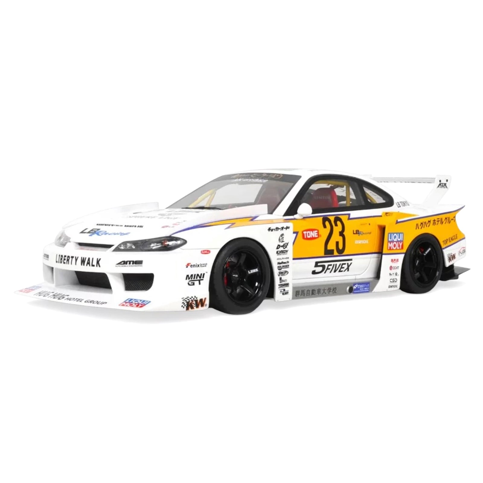 2021 Nissan Silvia (S15) LB-Super Silhouette RHD (Right Hand Drive) #23 White with Yellow Stripes 1/18 Model Car by GT Spirit