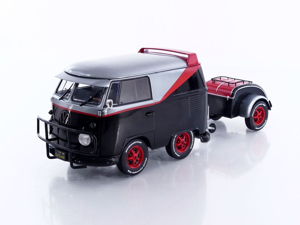 2024 Volkswagen Kool Kombi Sport Van with Trailer Black and Silver with Red Stripe 1/18 Diecast Model Car by Solido