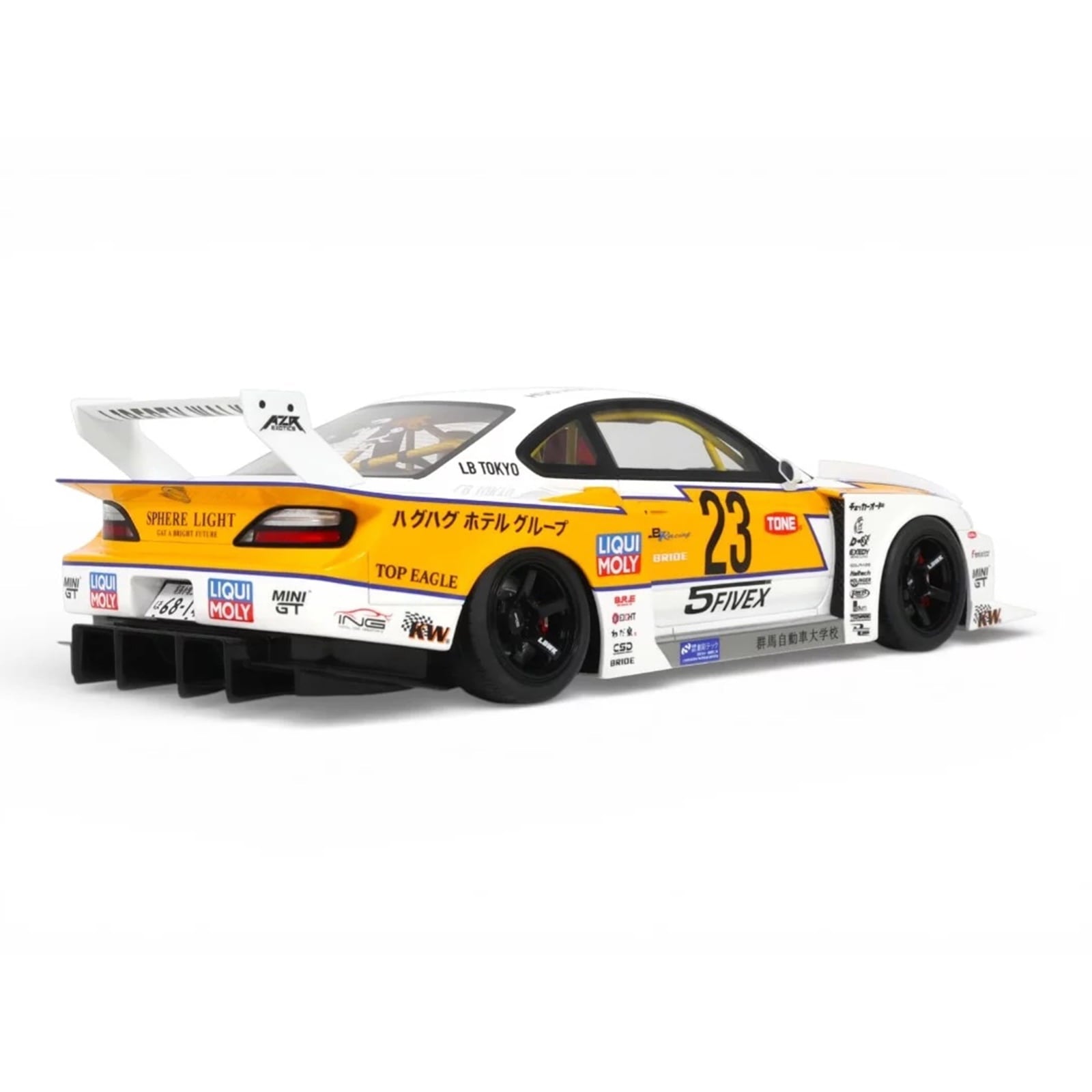 2021 Nissan Silvia (S15) LB-Super Silhouette RHD (Right Hand Drive) #23 White with Yellow Stripes 1/18 Model Car by GT Spirit