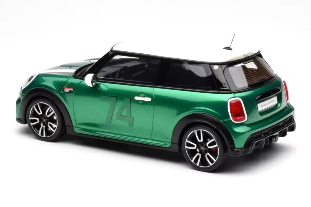 2023 Mini Cooper F56 JCW #74 British Racing Green with White Top and Stripes 1/18 Model Car by Otto Mobile