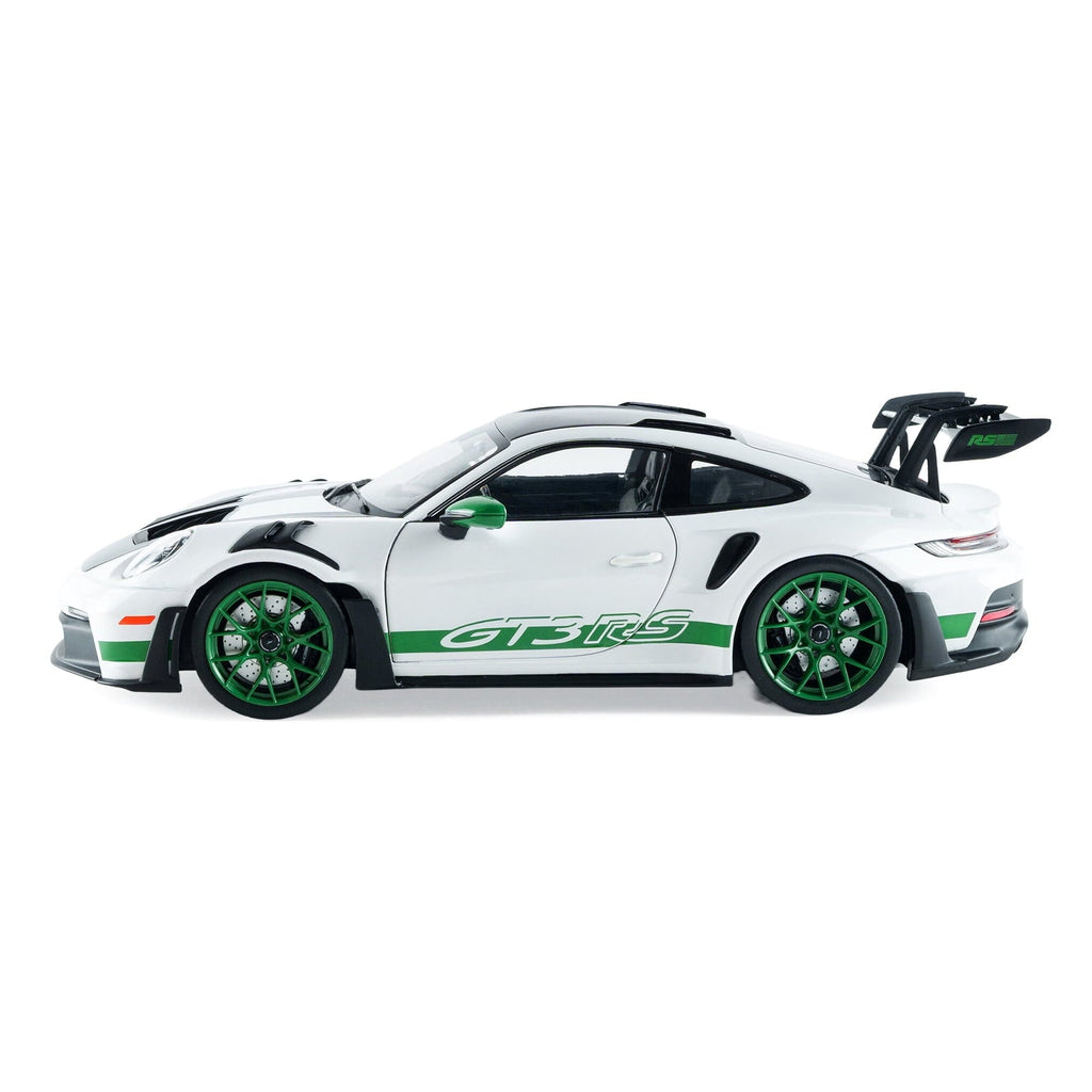 2024 Porsche 911 GT3 RS "Tribute to Carrera RS Package" White with Carbon Hood and Top & Green 1/18 Diecast Model Car by Solido